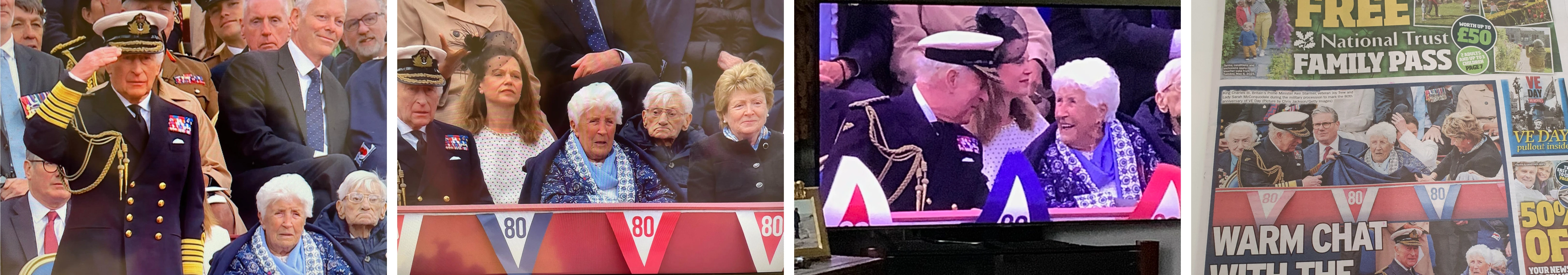 Collage of pictures of Joy Trew from the VA Parade with King Charles