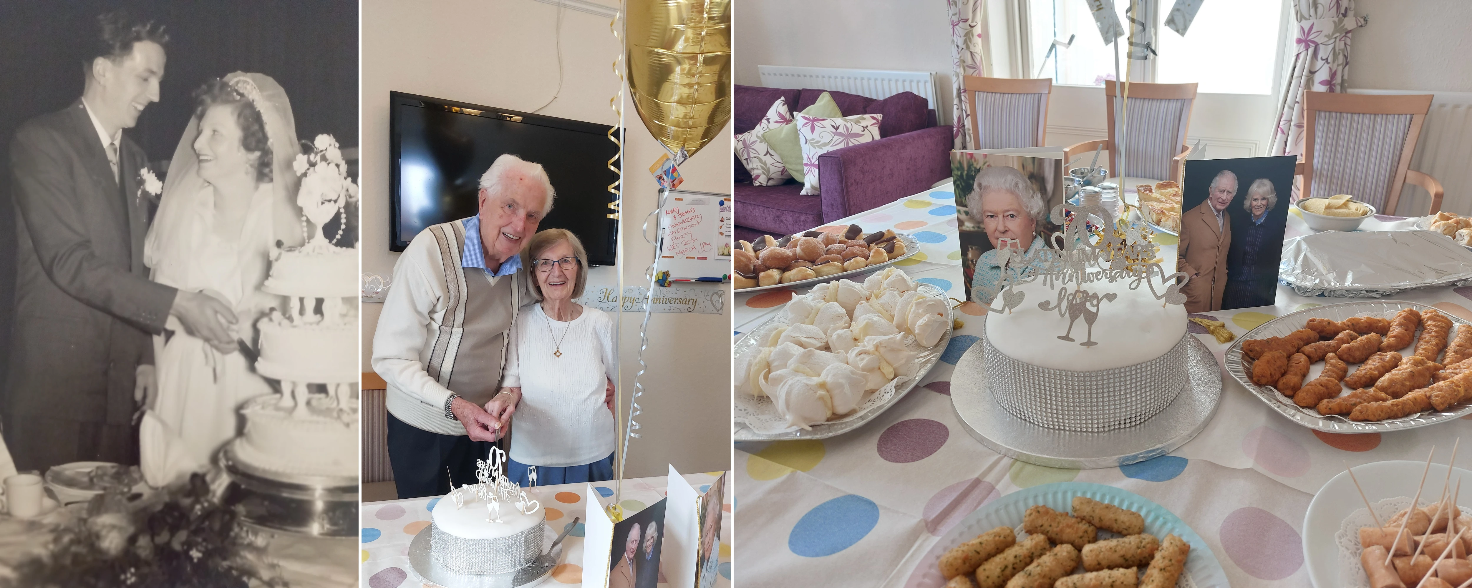 Abbeyfield couple Mary and John on their wedding day, and celebrating in the present day at Avondale