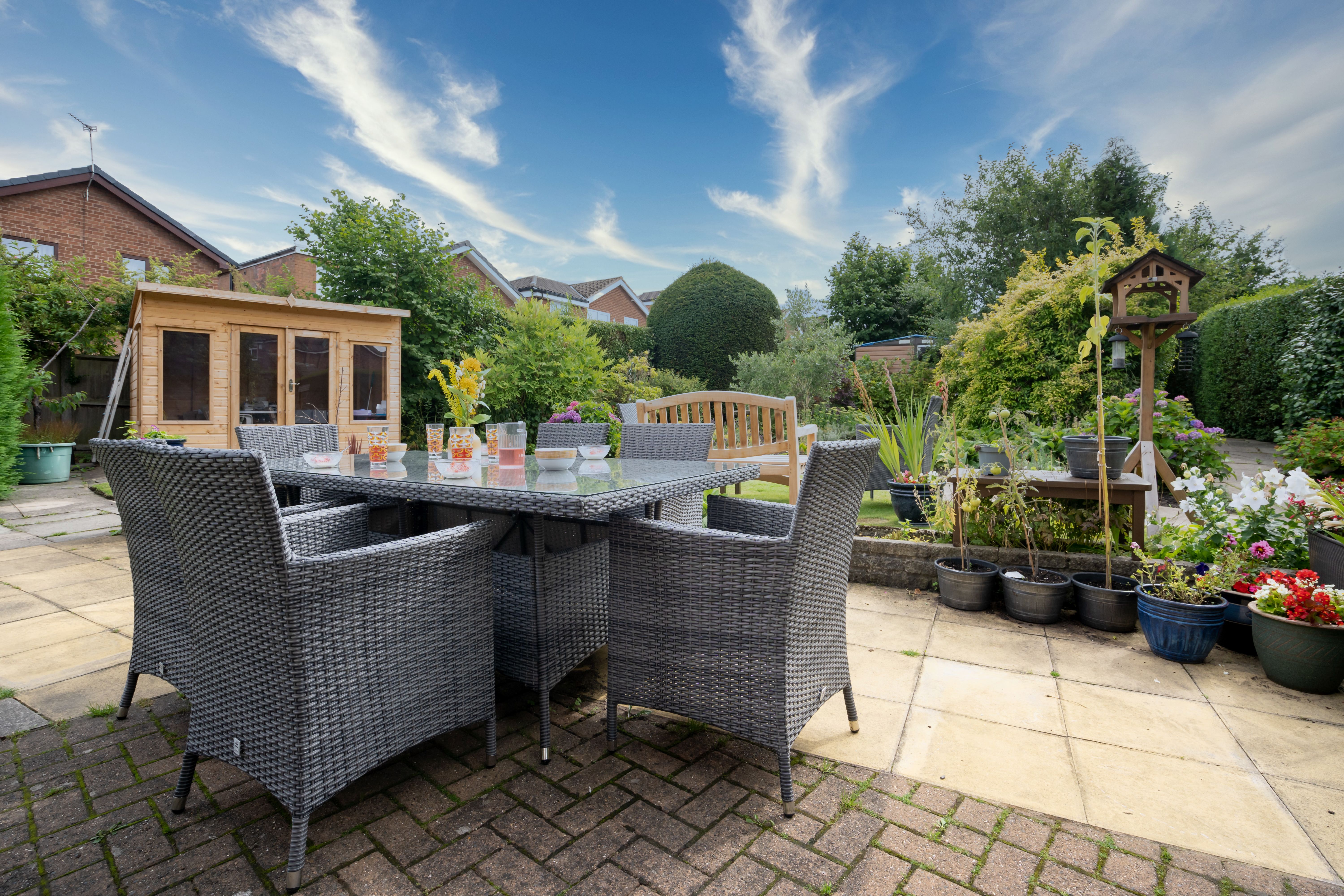 Garden and summer house at Abbeyfield House Bramhall