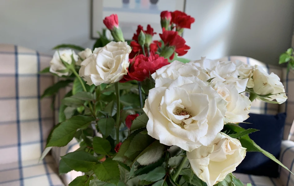 Beautiful roses and carnations in vase at Abbeyfield House, Dulwich