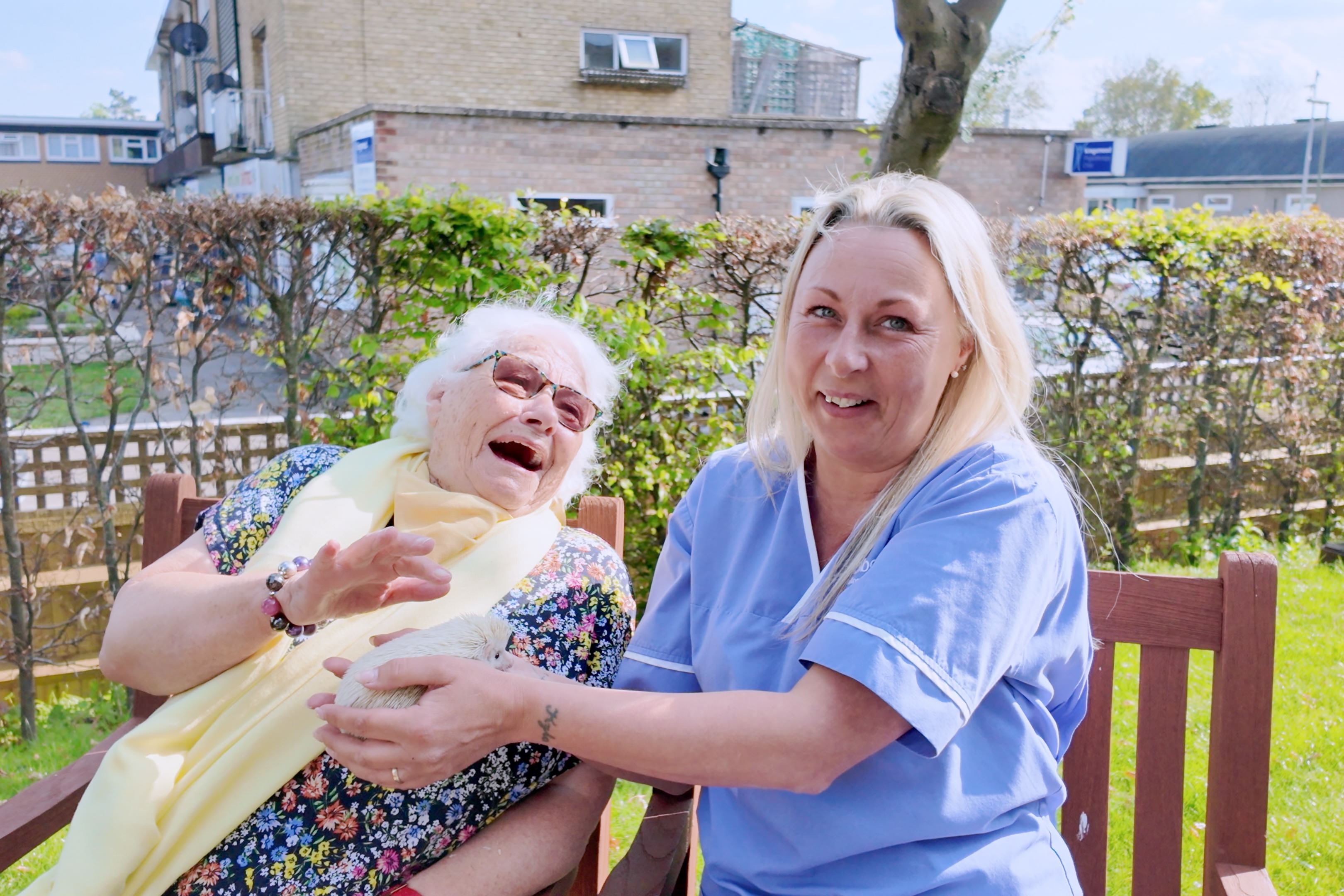 Staff And Resident Laughing With A Little Hedgehog