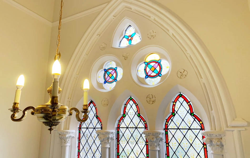 Stained glass window at Abbeyfield House, Norwich NR1 4EH