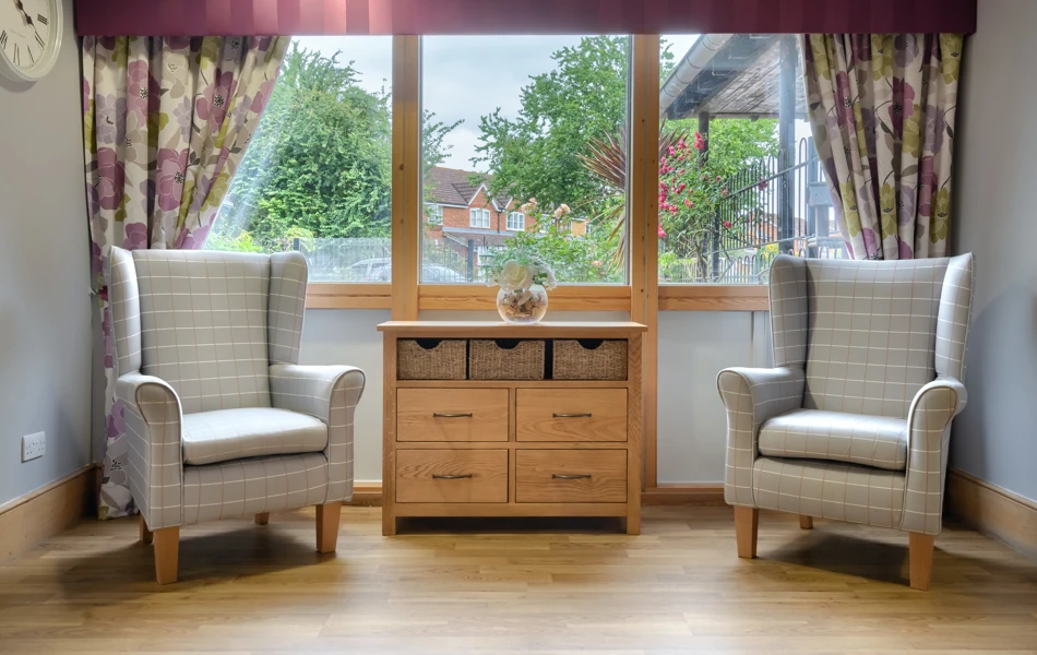 Abbeyfield House, New Malden reception area seating by window