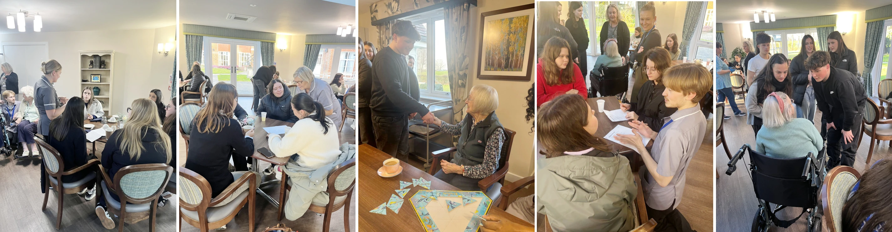 Collage of photos showing French students interacting with staff and residents at Westall House