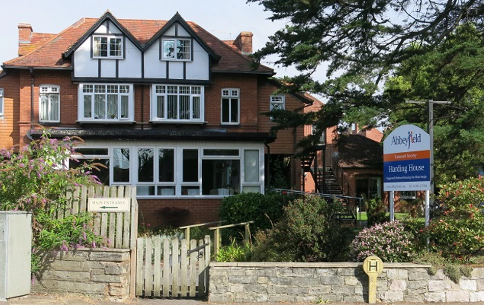 View from the front of Harding House, Exmouth, Devon with its Abbeyfield sign.