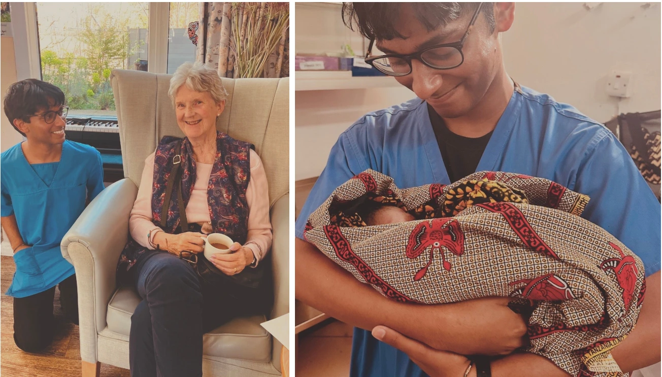 Collage of photos showing Shubhan chatting to a resident and holding a baby he helped deliver