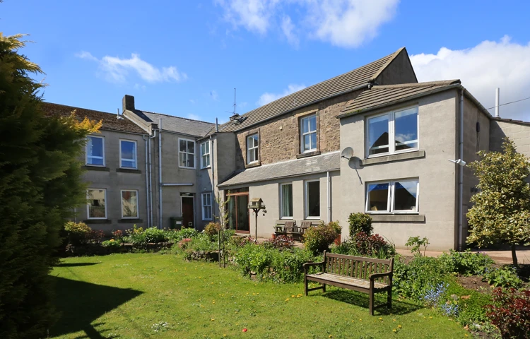 A bright garden to the rear of the house with a park bench