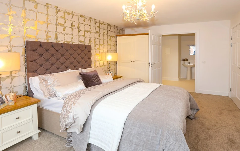 Warmly decorated luxury bedroom with chandelier