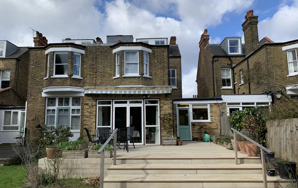 Decking area in the garden leading to the back of Abbeyfield House, Dulwich