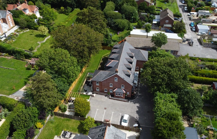 An aerial view of Harleston House