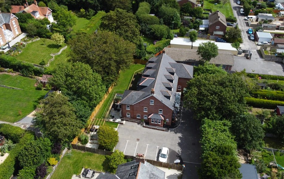 An aerial view of Harleston House