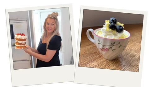 A woman with a cake and a cup of hot chocolate with cream on top