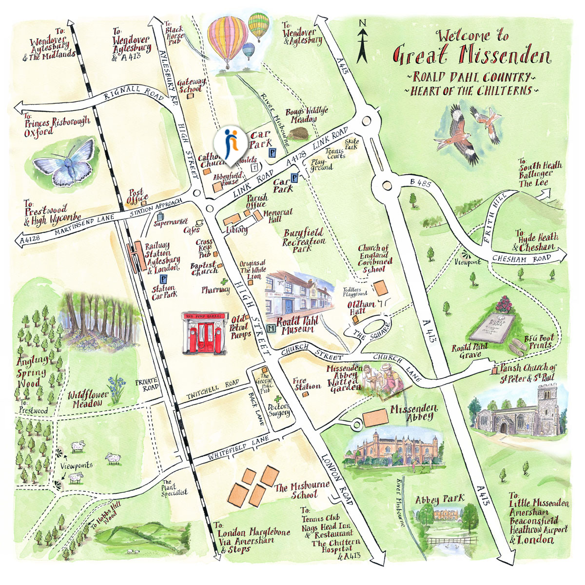 Map marking location of Abbeyfield House, Great Missenden HP16 9AE