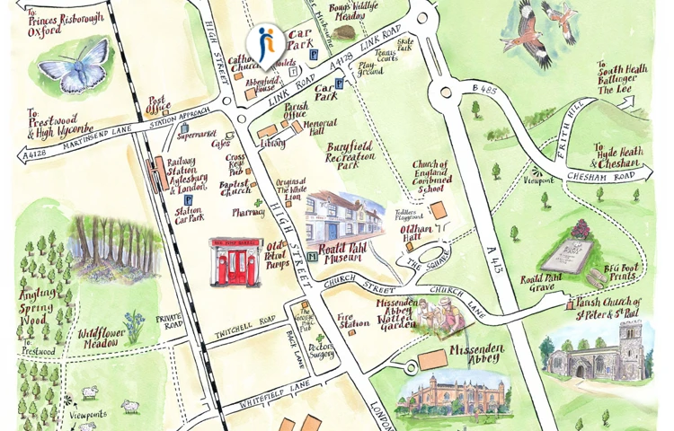 Map marking location of Abbeyfield House, Great Missenden HP16 9AE