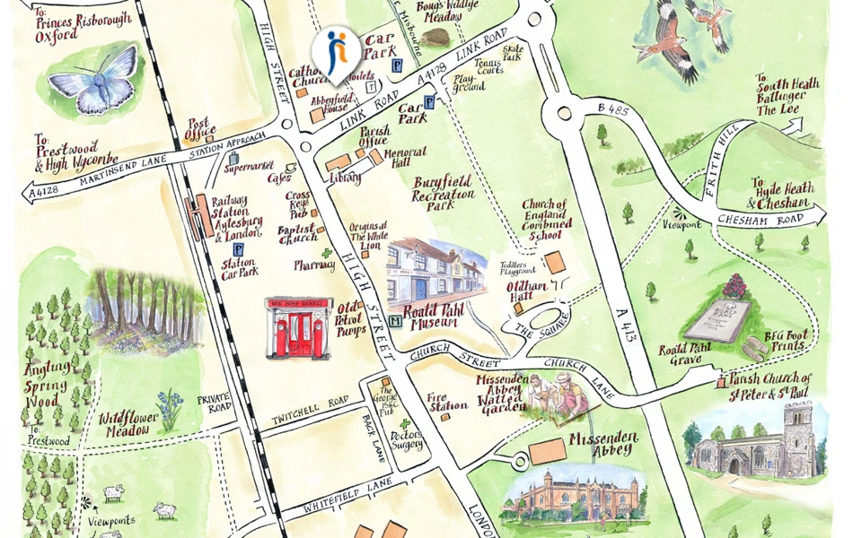 Map marking location of Abbeyfield House, Great Missenden HP16 9AE