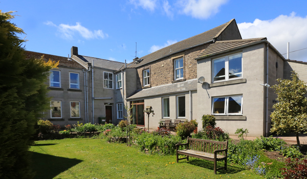 A bright garden to the rear of the house with a park bench