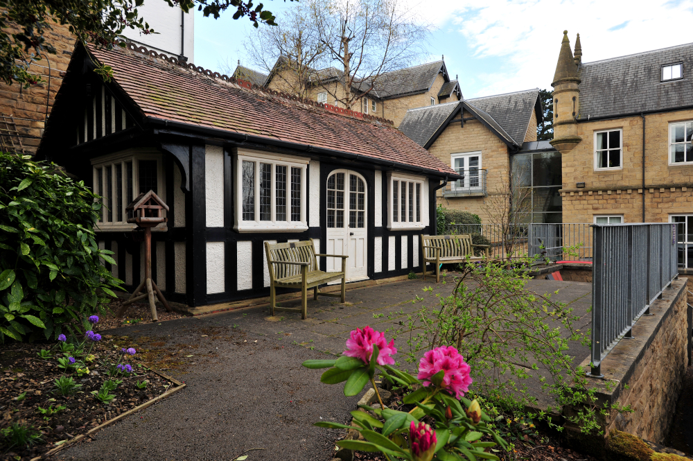 A bright outdoor area surrounded by flowers
