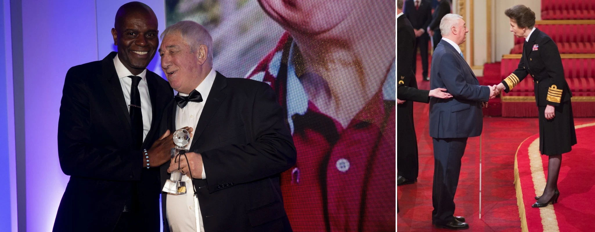 Collage of photos of John Flanner collecting his achievements