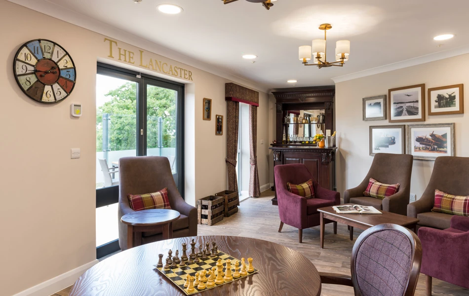 Gather with friends and family in the cosy Lancaster Lounge at Speedwell Court, one of Southampton's finest care homes. Our communal spaces offer a welcoming atmosphere for socialising and entertainment.