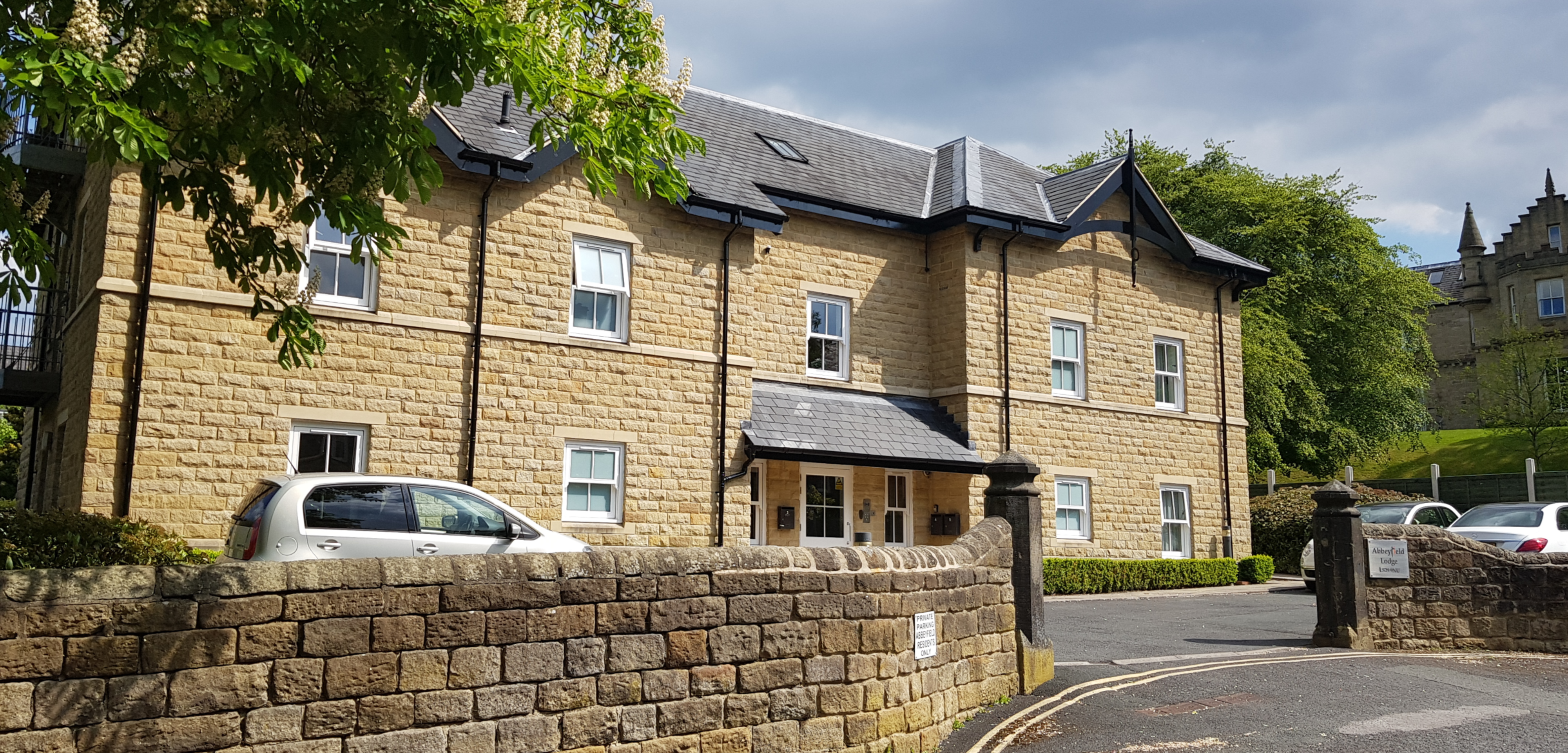 Front view of Abbeyfield House, a beautiful built stone house in Ikley, West Yorkshire