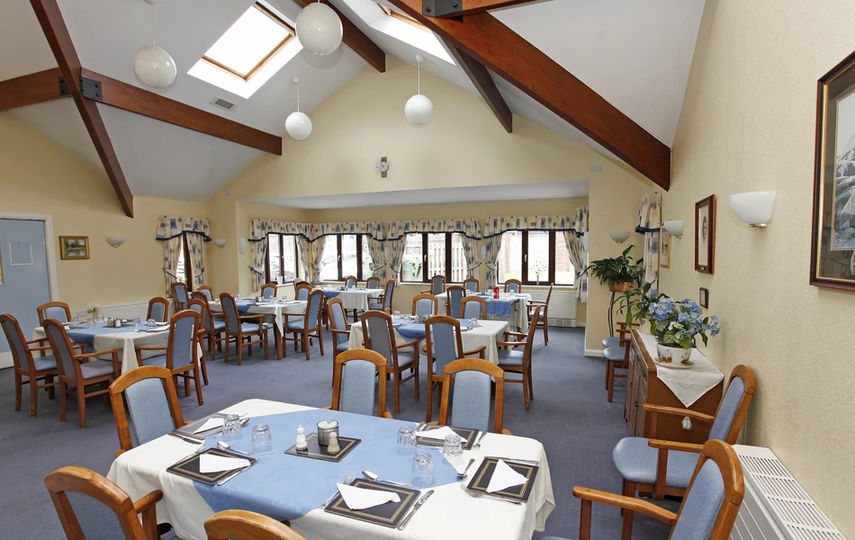 Dining room with blue tables and chairs