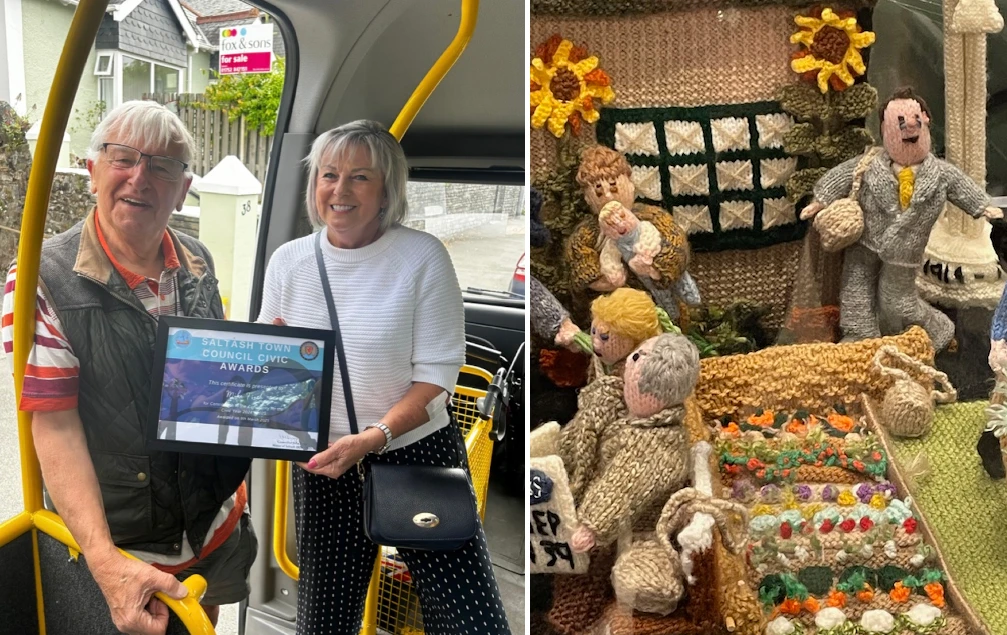 Collage Of Photos Showing Mike Receiving His Award And A Knitted Traditional Wartime Scene