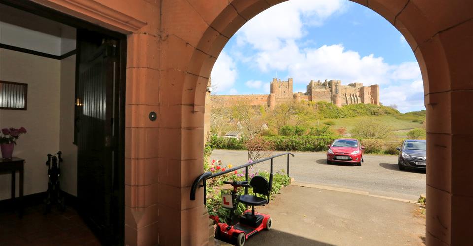 A view of Bamburgh Castle from the Armstrong House entrance