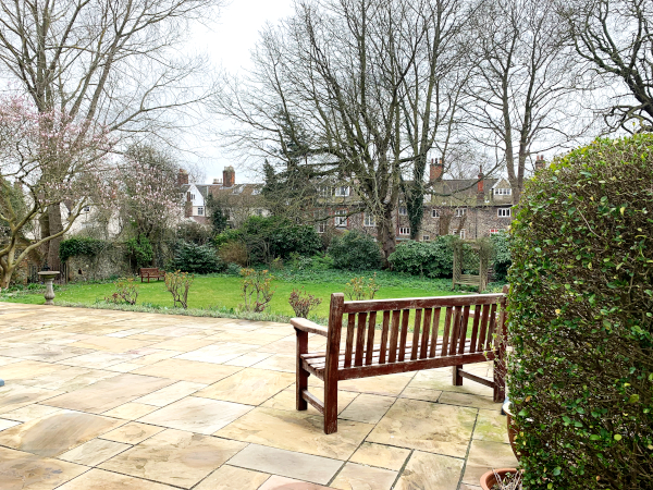 Patio area and bench at Abbeyfield House, Norwich NR1 4EH