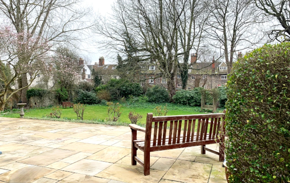 Patio area and bench at Abbeyfield House, Norwich NR1 4EH