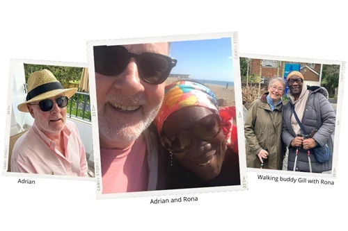 Three pictures of a woman and a man outdoors